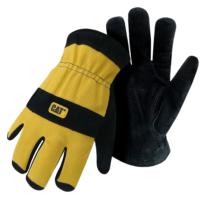 Cat CAT012222L Gloves, L, Elastic Cuff, Leather, Black/Yellow