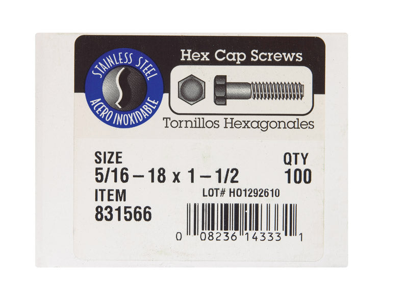 HILLMAN 5/16-18 in. D X 1-1/2 in. L Stainless Steel Hex Head Cap Screw 100 pk