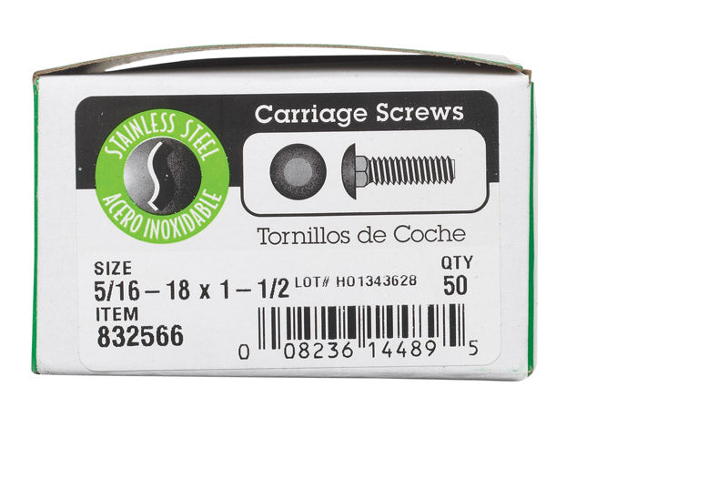 HILLMAN 5/16 in. X 1-1/2 in. L Stainless Steel Carriage Bolt 50 pk