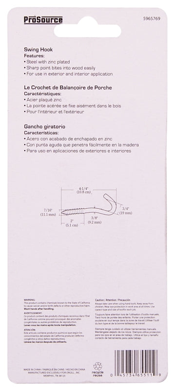 ProSource LR-405-PS Swing Hook, 3/4 In Opening, Steel, Silver, Zinc
