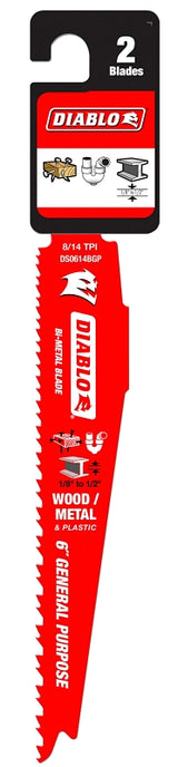 Diablo DS0614BGP2 Reciprocating Saw Blade, 6 in L, 8/14 TPI