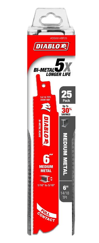 Diablo DS0614BF25 Reciprocating Saw Blade, 1 in W, 6 in L, 14, 18 TPI, 25/PK