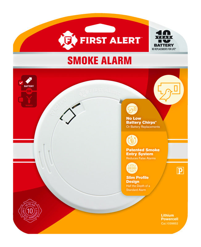 First Alert 1039852 Smoke Alarm, 3 V, Photoelectric Sensor, 85 dB, Alarm: Audible Beep, Ceiling, Wall, White