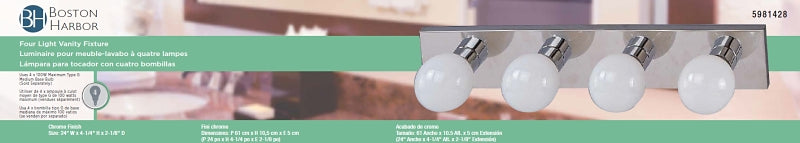 Boston Harbor V5CH043L Vanity Bar Fixture, 100 W, 4-Lamp, G Lamp, Steel Fixture, Polished Chrome Fixture