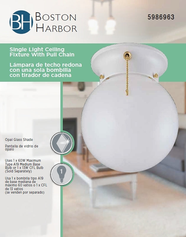Boston Harbor F3WH01-33753L Ceiling Light Fixture, 0.5 A, 120 V, 60 W, 1-Lamp, A19 or CFL Lamp, Metal Fixture