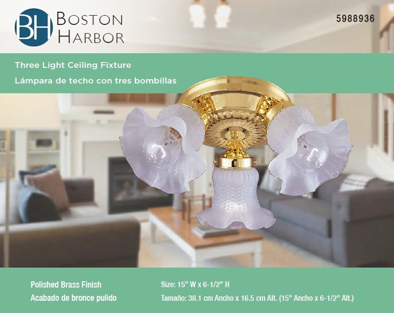 Boston Harbor F6BB03-22013L Ceiling Light Fixture, 0.5 A, 120 V, 60 W, 3-Lamp, A19 or CFL Lamp, Metal Fixture