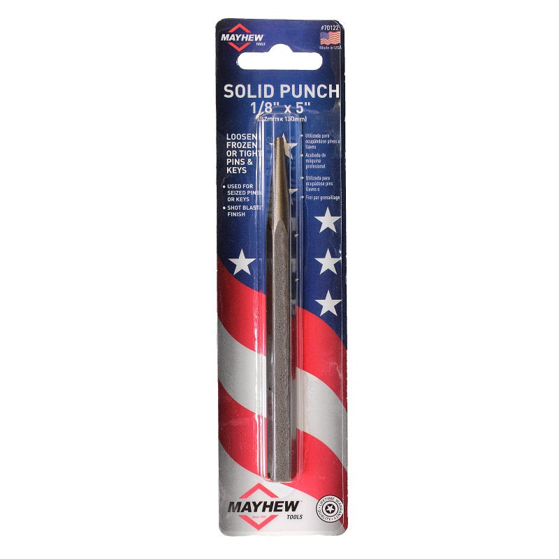 Mayhew 70122 Solid Punch, 1/8 in Tip, 5 in L, Hex Shank