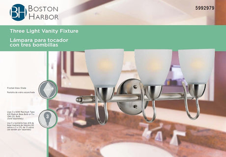 Boston Harbor A2242-93L Vanity Bar Fixture, 60 W, 3-Lamp, A19 or CFL Lamp, Steel Fixture, Brushed Nickel Fixture