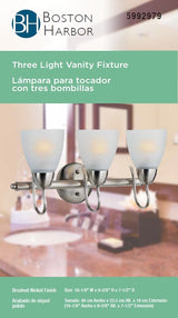 Boston Harbor A2242-93L Vanity Bar Fixture, 60 W, 3-Lamp, A19 or CFL Lamp, Steel Fixture, Brushed Nickel Fixture