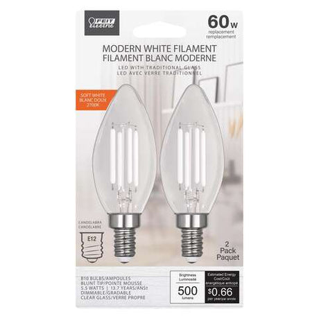 Feit White BA10 E12 (Candelabra) Filament LED Bulb Soft White 60 Watt Equivalence 2 pk