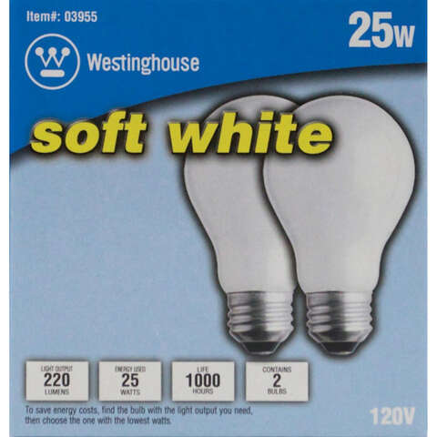 Westinghouse 25 W A19 A-Line Incandescent Bulb E26 (Medium) Soft White 2 pk