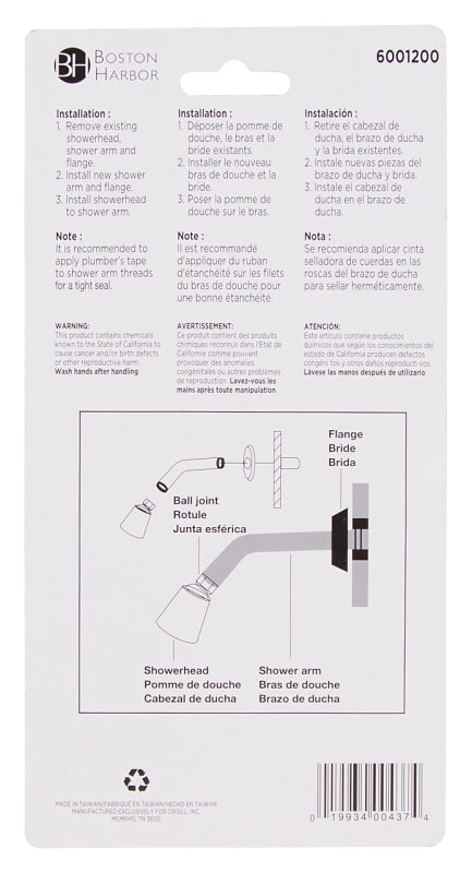 Boston Harbor B1140CP Shower Arm with Flange, 1/2-14 NPT in Connection, Threaded, 7 in L, Plastic