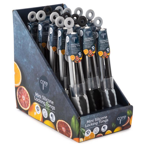 Core Kitchen Silver Silicone/Stainless Steel Mini Locking Tong Set, Pack of 15