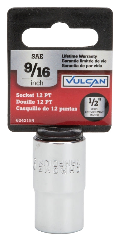 Vulcan MT6515738 Drive Socket, 9/16 in Socket, 1/2 in Drive, 12-Point, Chrome Vanadium Steel, Chrome