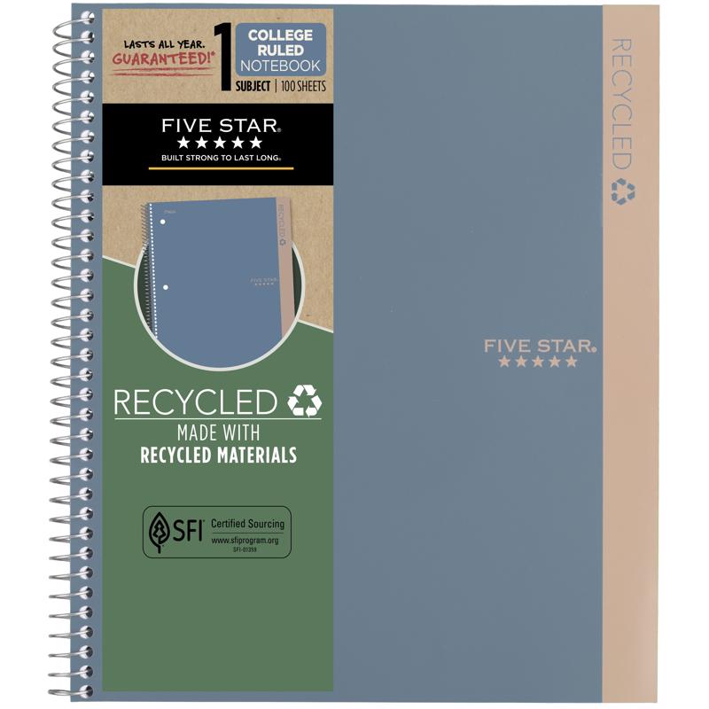Five Star Recycled 9.75 in. W X 11 in. L College Ruled Spiral Blue Notebook