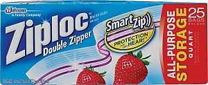 Ziploc 00330 Storage Bag, Zipper Closure, 7 in W, 7-7/16 in L, 1 qt Capacity, Plastic