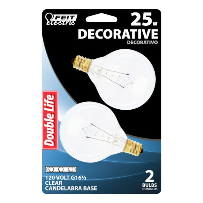 Feit Electric BP25G161/2 Incandescent Lamp, Clear Lamp, 1.5 in D x 2.37 in H Dimensions, 25 W, G16-1/2 Lamp, 170 Lumens, Pack of 6
