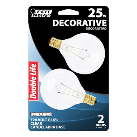 Feit Electric BP25G161/2 Incandescent Lamp, Clear Lamp, 1.5 in D x 2.37 in H Dimensions, 25 W, G16-1/2 Lamp, 170 Lumens, Pack of 6