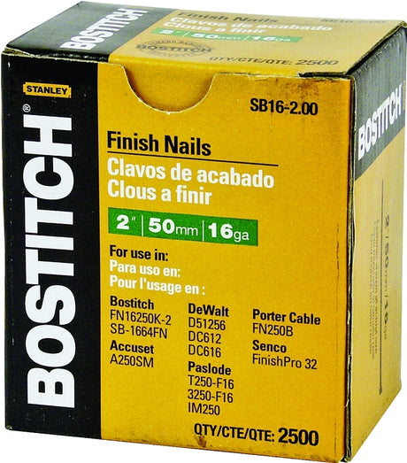 Bostitch SB16-200 Finish Nail, 2 in L, 16 Gauge, Steel, Coated, Smooth Shank