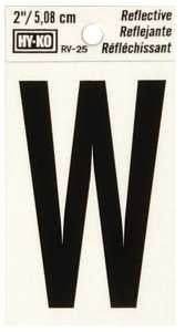 Hy-Ko RV-25/W Reflective Letter, Character: W, 2 in H Character, Black Character, Silver Background, Vinyl, Pack of 10