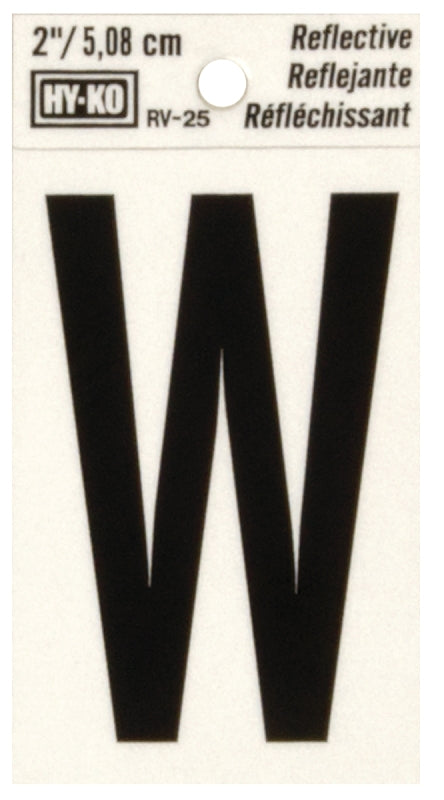 Hy-Ko RV-25/W Reflective Letter, Character: W, 2 in H Character, Black Character, Silver Background, Vinyl, Pack of 10