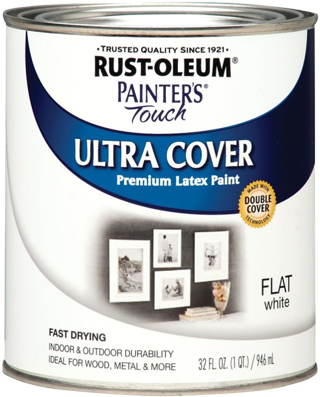 Rust-Oleum 1990502 Enamel Paint, Water Base, Flat Sheen, White, 1 qt, Can, 120 sq-ft Coverage Area