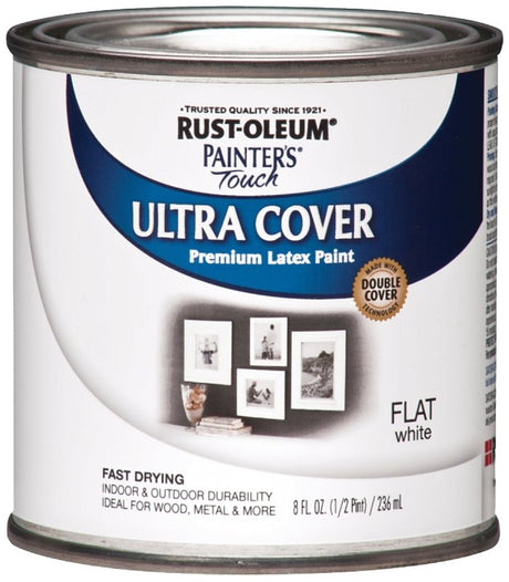 Rust-Oleum 1990730 Enamel Paint, Water Base, Flat Sheen, White, 0.5 pt, Can, 120 sq-ft Coverage Area
