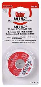 Oatey Safe-Flo 53062 Wire Solder, 1/4 lb Carded, Solid, Gray/Silver, 415 to 455 deg F Melting Point