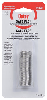 Oatey Safe-Flo 53061 Wire Solder, 1 oz Carded, Solid, Gray/Silver, 415 to 455 deg F Melting Point