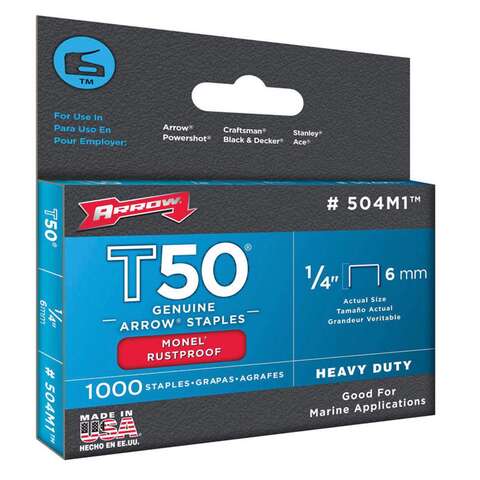 Arrow Monel T50 3/8 in. W X 1/4 in. L Flat Crown Heavy Duty Staples 1000 pk, Pack of 5