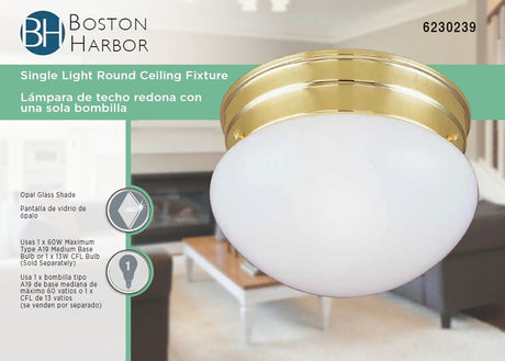 Boston Harbor F13BB01-68543L Single Light Round Ceiling Fixture, 120 V, 60 W, 1-Lamp, A19 or CFL Lamp