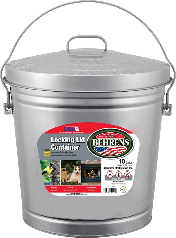 Behrens 6110 Locking Lid Can, 10 gal, Galvanized Steel, Silver