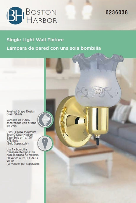 Boston Harbor W22BB01-2349ECD3L Single Light Wall Fixture, 120 V, 60 W, Type C or CFL Lamp, Steel Fixture