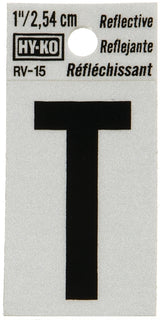 Hy-Ko RV-15/T Reflective Letter, Character: T, 1 in H Character, Black Character, Silver Background, Vinyl, Pack of 10
