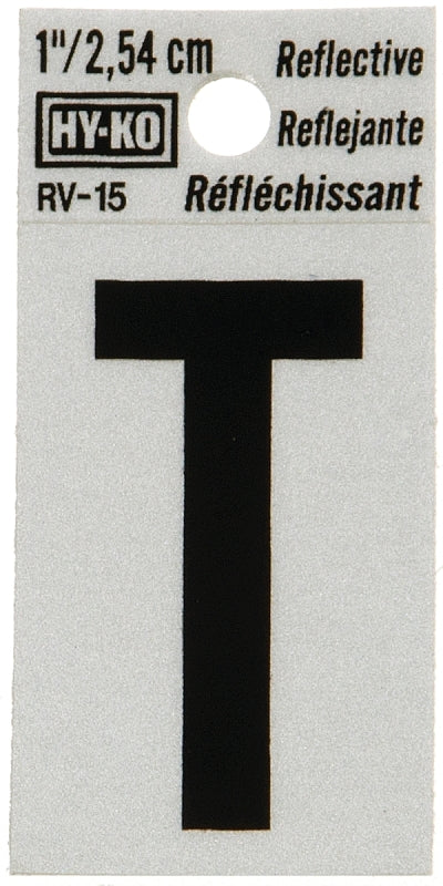 Hy-Ko RV-15/T Reflective Letter, Character: T, 1 in H Character, Black Character, Silver Background, Vinyl, Pack of 10