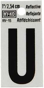 Hy-Ko RV-15/U Reflective Letter, Character: U, 1 in H Character, Black Character, Silver Background, Vinyl, Pack of 10