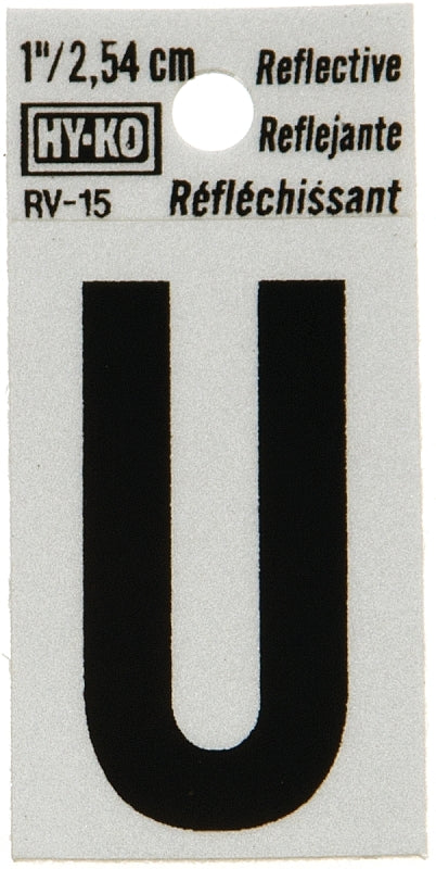 Hy-Ko RV-15/U Reflective Letter, Character: U, 1 in H Character, Black Character, Silver Background, Vinyl, Pack of 10