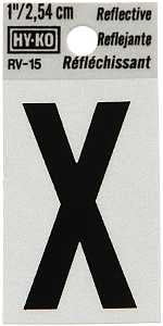 Hy-Ko RV-15/X Reflective Letter, Character: X, 1 in H Character, Black Character, Silver Background, Vinyl, Pack of 10