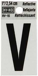 Hy-Ko RV-15/V Reflective Letter, Character: V, 1 in H Character, Black Character, Silver Background, Vinyl, Pack of 10