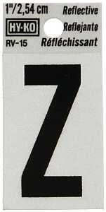 Hy-Ko RV-15/Z Reflective Letter, Character: Z, 1 in H Character, Black Character, Silver Background, Vinyl, Pack of 10