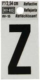 Hy-Ko RV-15/Z Reflective Letter, Character: Z, 1 in H Character, Black Character, Silver Background, Vinyl, Pack of 10