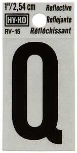 Hy-Ko RV-15/Q Reflective Letter, Character: Q, 1 in H Character, Black Character, Silver Background, Vinyl, Pack of 10