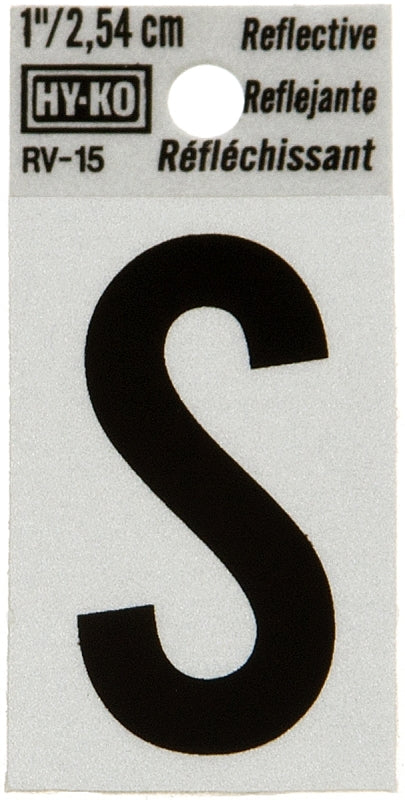 Hy-Ko RV-15/S Reflective Letter, Character: S, 1 in H Character, Black Character, Silver Background, Vinyl, Pack of 10
