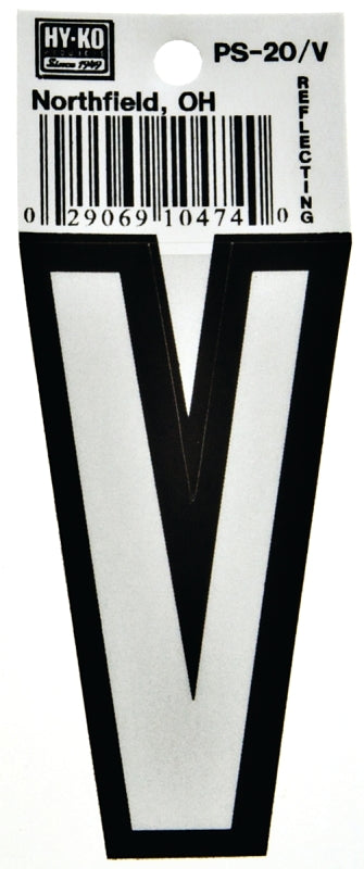 Hy-Ko PS-20/V Reflective Letter, Character: V, 3-1/4 in H Character, Black/White Character, Vinyl, Pack of 10