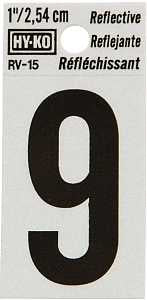 Hy-Ko RV-15/9 Reflective Sign, Character: 9, 1 in H Character, Black Character, Silver Background, Vinyl, Pack of 10