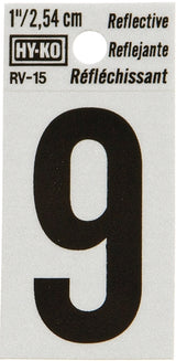 Hy-Ko RV-15/9 Reflective Sign, Character: 9, 1 in H Character, Black Character, Silver Background, Vinyl, Pack of 10