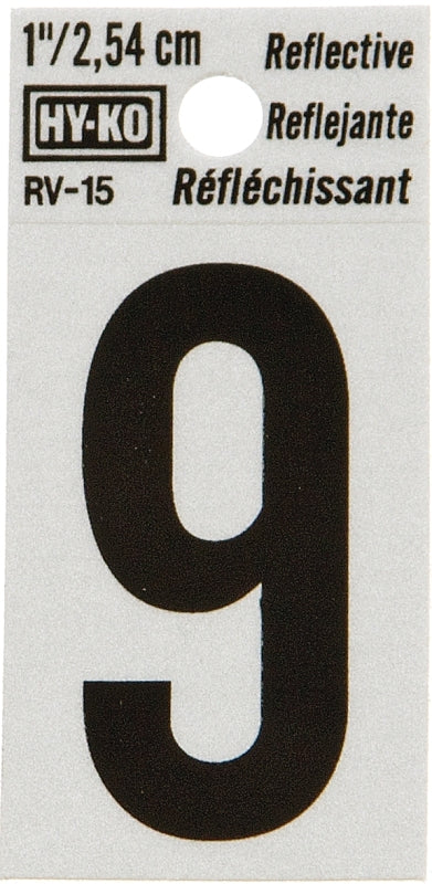 Hy-Ko RV-15/9 Reflective Sign, Character: 9, 1 in H Character, Black Character, Silver Background, Vinyl, Pack of 10