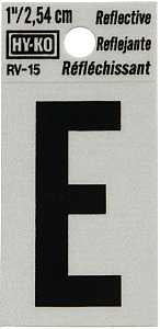Hy-Ko RV-15/E Reflective Letter, Character: E, 1 in H Character, Black Character, Silver Background, Vinyl, Pack of 10
