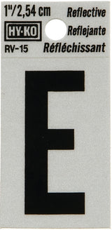 Hy-Ko RV-15/E Reflective Letter, Character: E, 1 in H Character, Black Character, Silver Background, Vinyl, Pack of 10