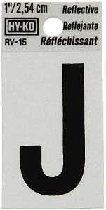 Hy-Ko RV-15/J Reflective Letter, Character: J, 1 in H Character, Black Character, Silver Background, Vinyl, Pack of 10